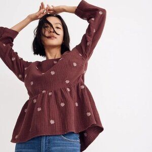 Madewell Womens Gauze Embroidered Peplum Top Small Peasant Cottage Boho Festival